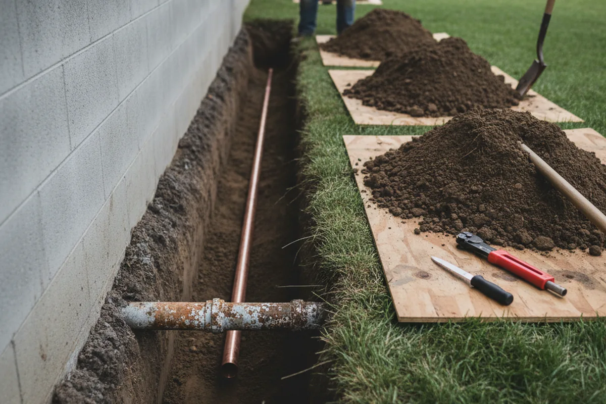Excavated water line trench during Water Softener Installation in Maple Lake